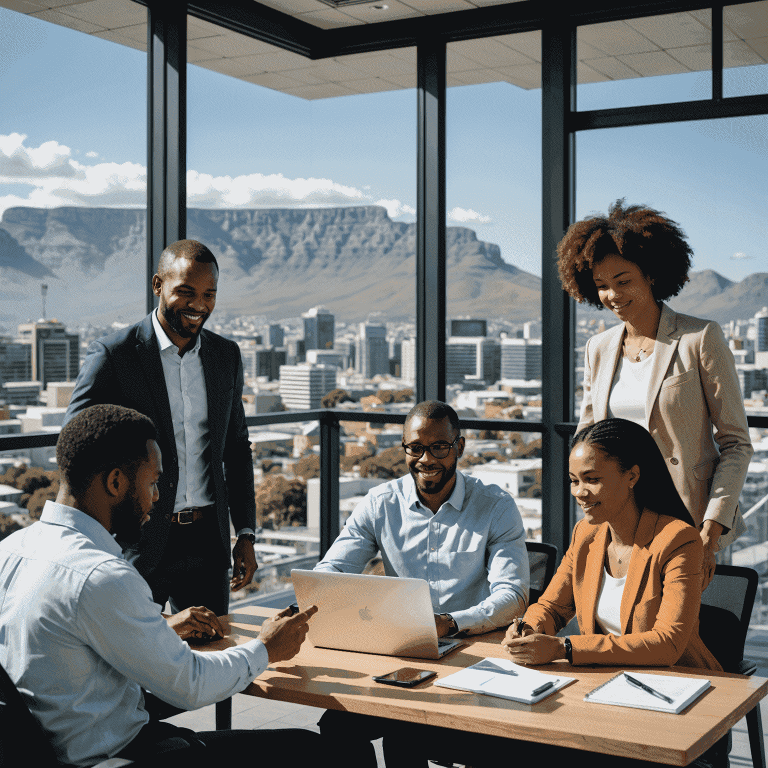 Diverse group of South African professionals using NexusPlan SA app on various devices, showcasing collaboration and individual focus. The background features a modern office space with Table Mountain visible through large windows, symbolizing the blend of local context and global aspirations.