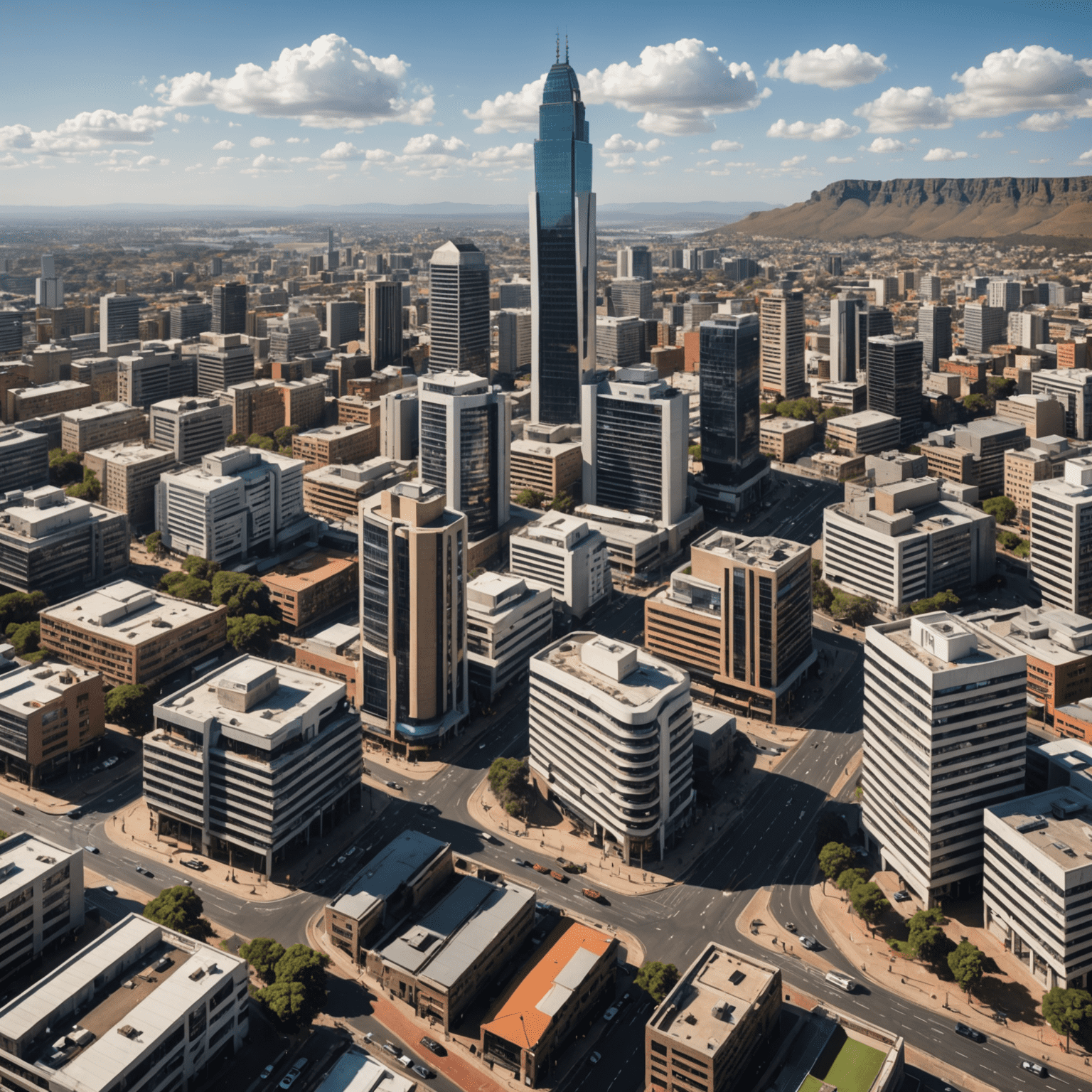 South African cityscape with modern buildings and bustling streets, symbolizing economic growth and development