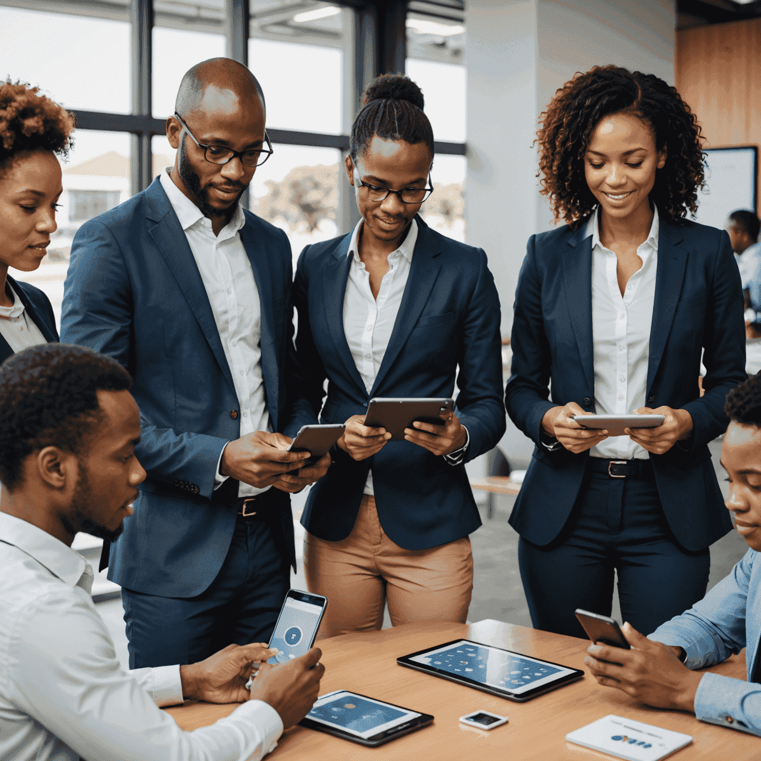 A diverse group of South African professionals using advanced technology to manage resources, showcasing tablets and smartphones with resource management apps