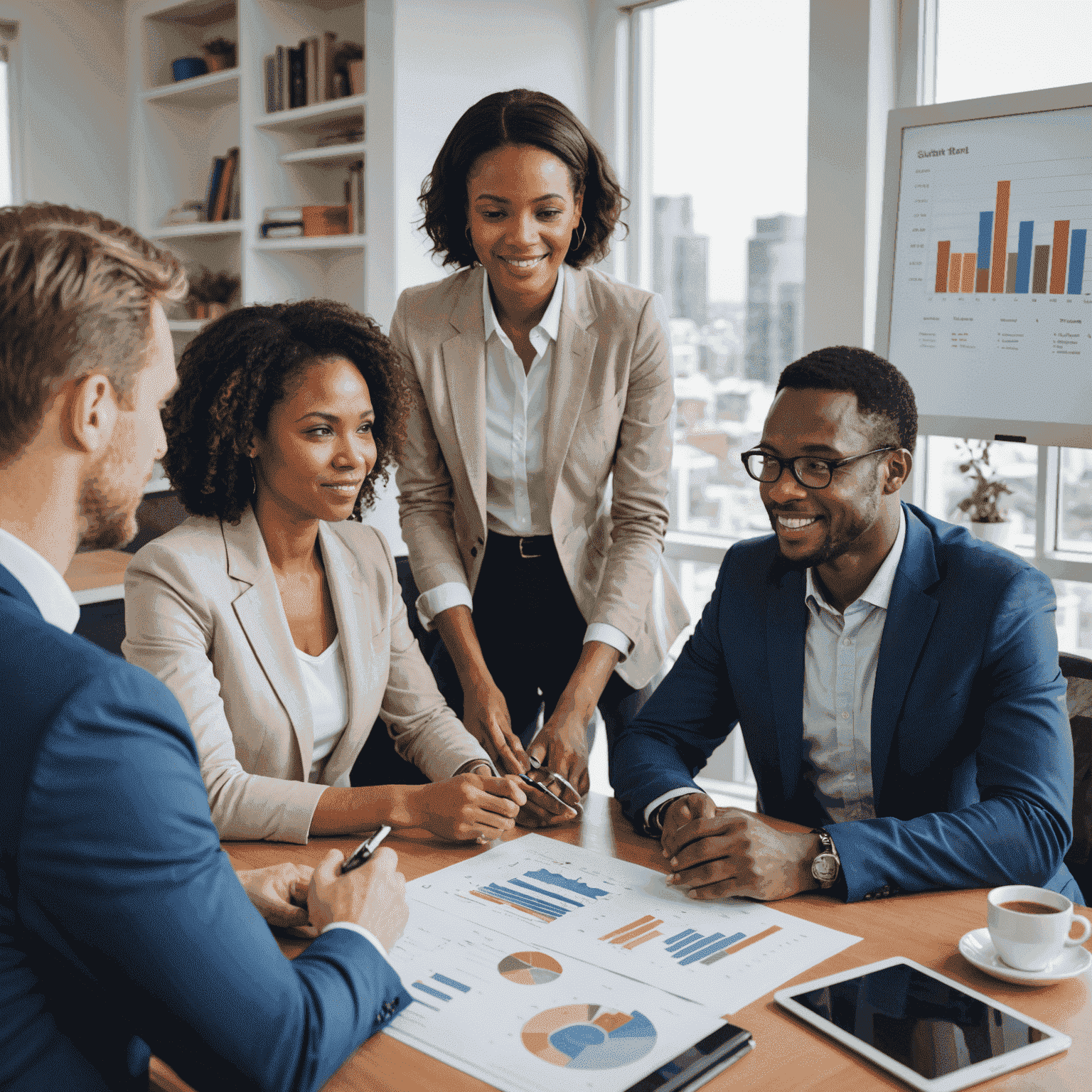 A professional financial advisor discussing investment strategies with a diverse group of South African clients, using digital tools and charts to explain financial concepts