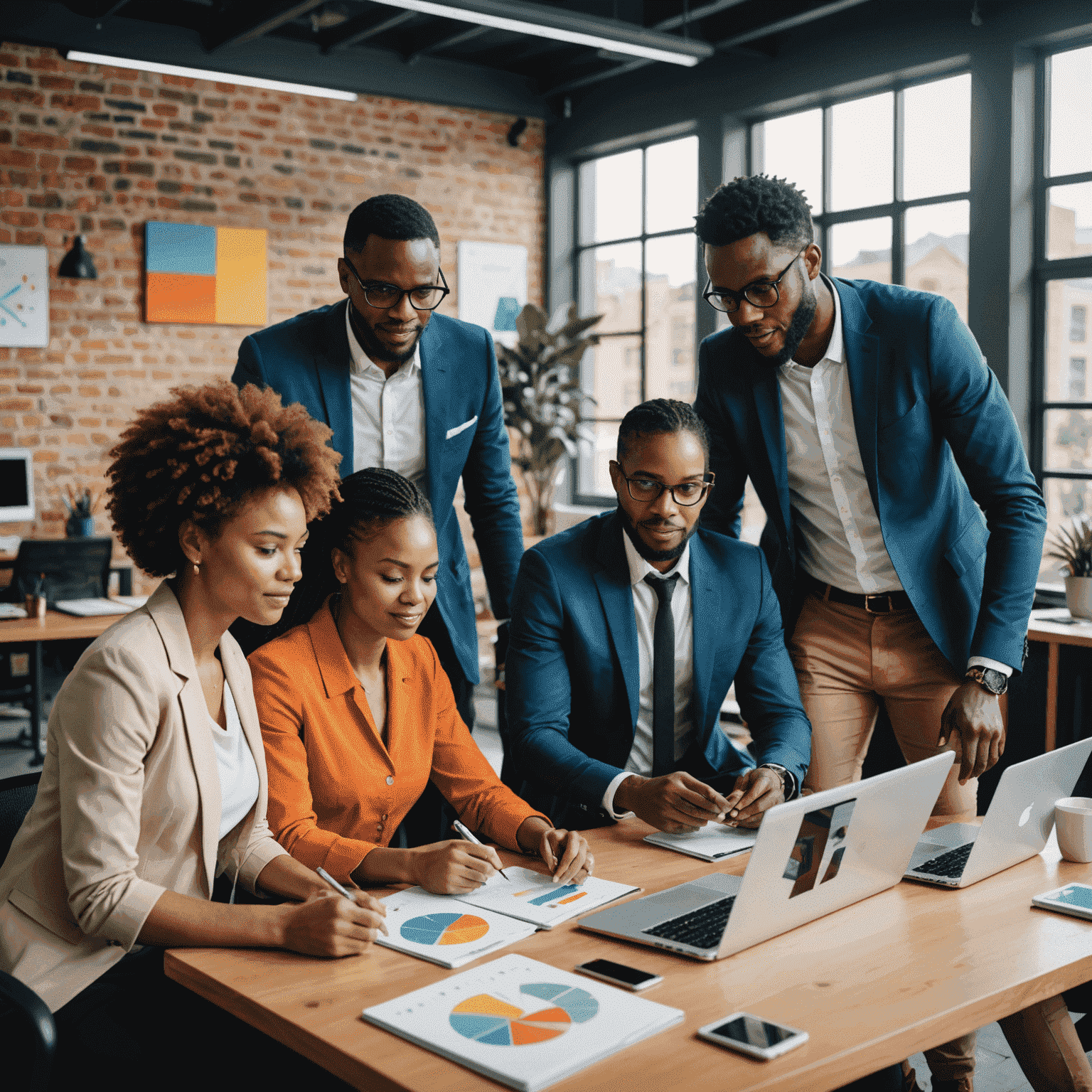 A diverse group of South African entrepreneurs and business consultants collaborating in a modern office space, discussing strategies over digital devices and colorful charts