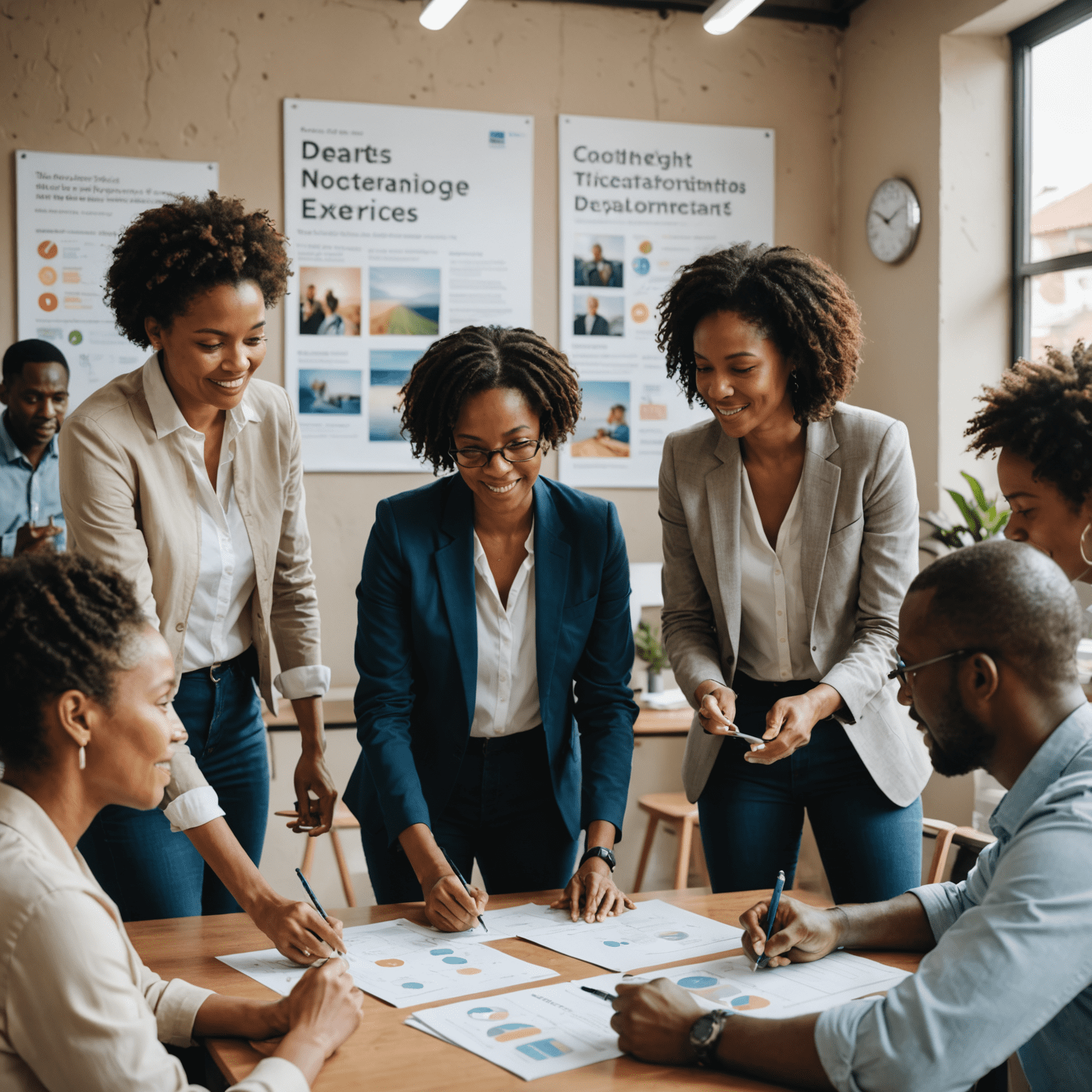 A diverse group of South African professionals engaged in a workshop, collaborating on personal development exercises. The image shows people of different ages and backgrounds working together in a modern, well-lit space with motivational posters on the walls.