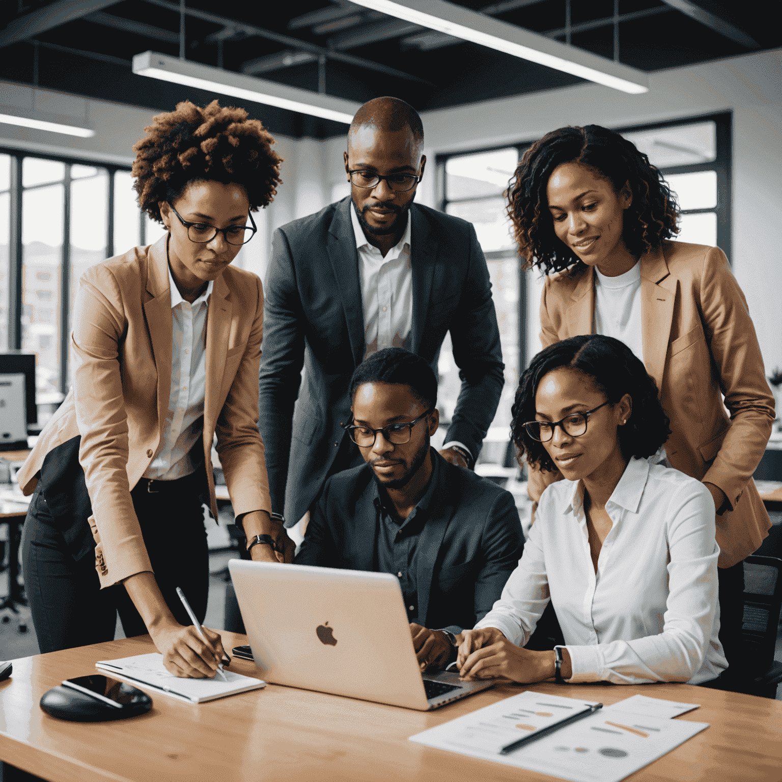 A diverse group of South African professionals collaborating on a resource management project using digital tools in a modern office setting