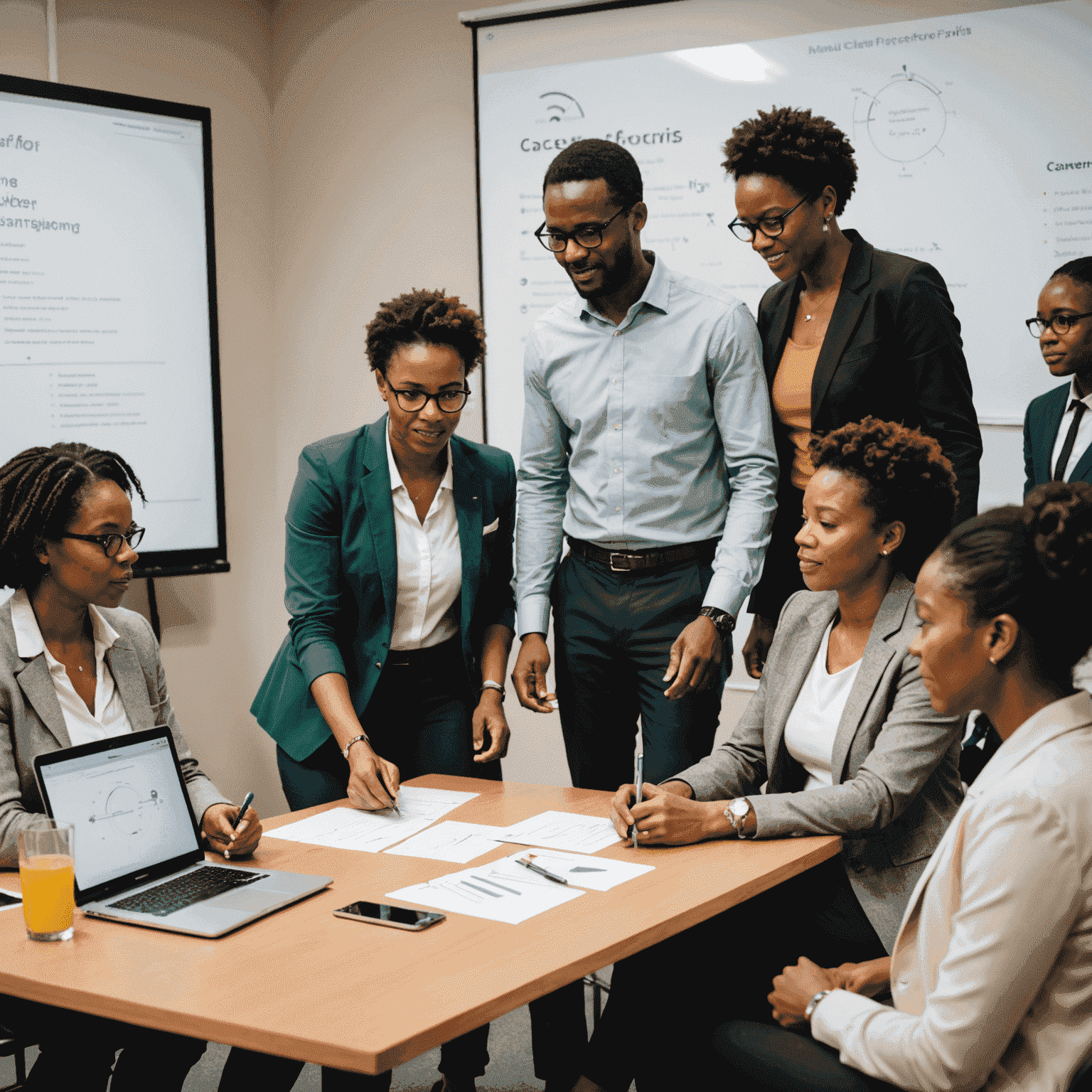 A diverse group of South African professionals engaged in a workshop, with a career coach using interactive digital tools to demonstrate career progression paths