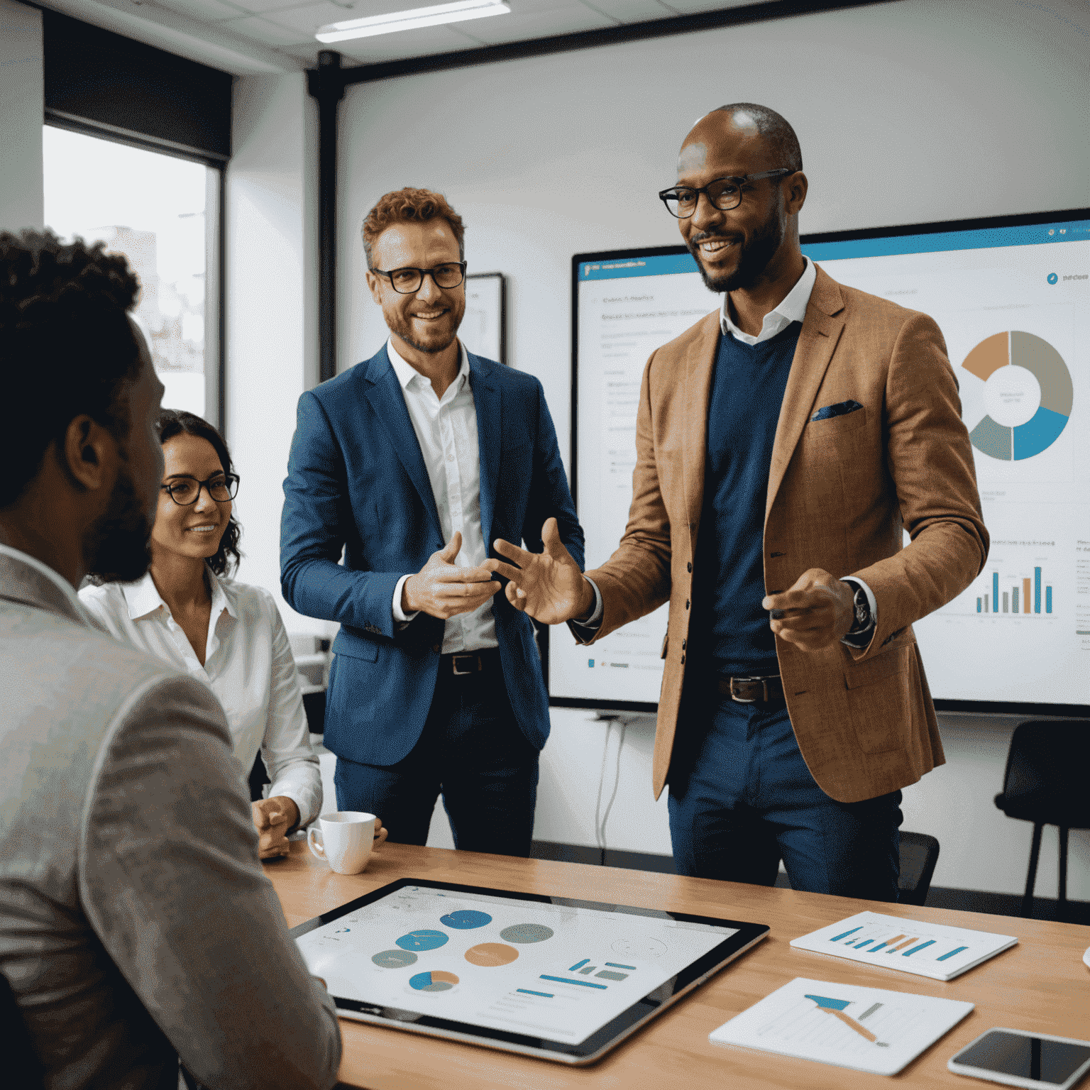 A South African consultant presenting a digital strategy on a large touchscreen to a group of attentive SME owners in a modern, collaborative workspace