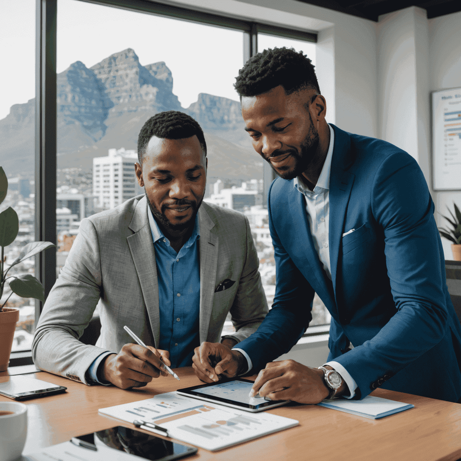 A South African professional engaged in a one-on-one coaching session with a NexusPlan SA expert. The image shows them reviewing a personalized growth plan on a tablet, surrounded by motivational charts and a modern office setting with Table Mountain visible through the window.