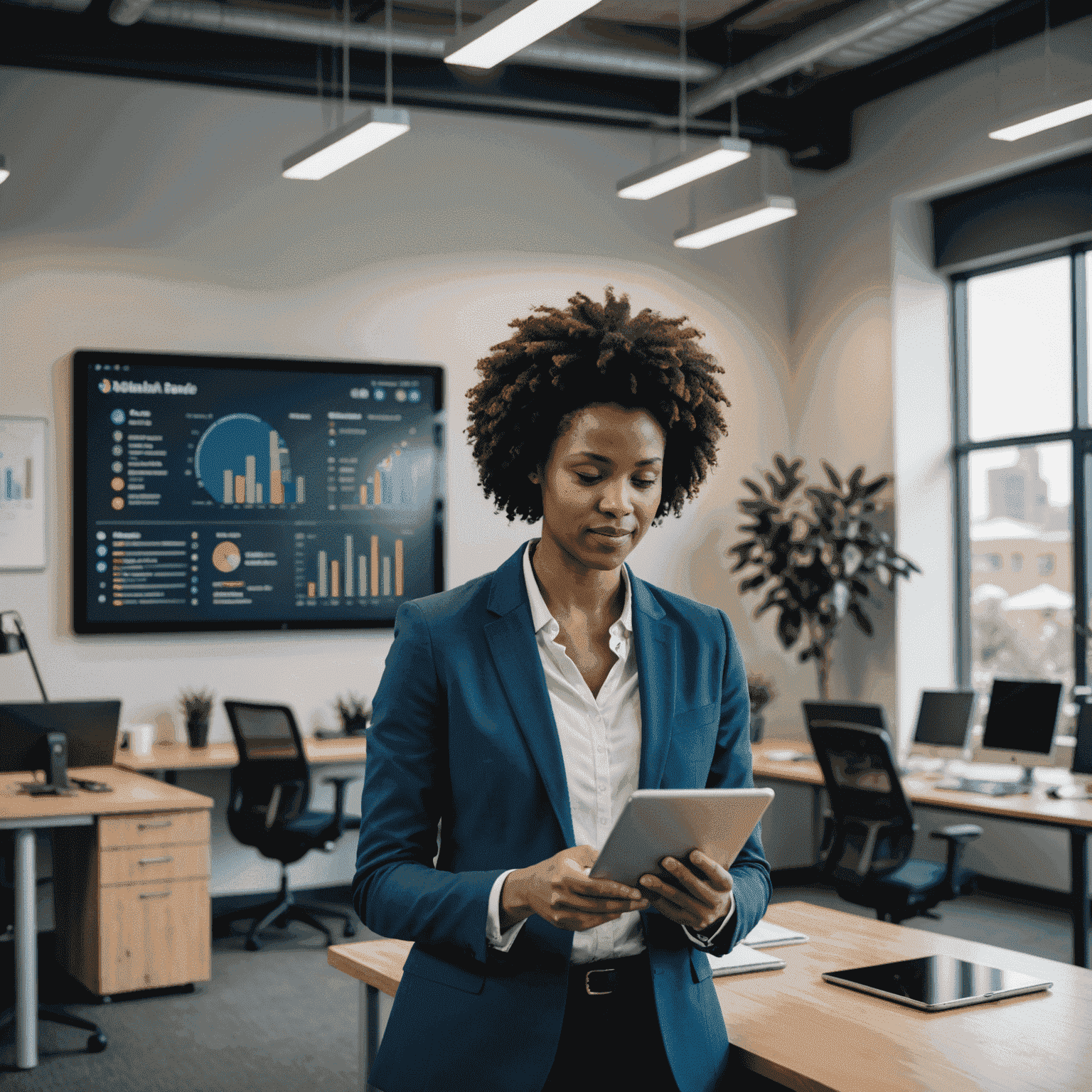 A South African professional using a tablet to monitor real-time resource management data in a modern, eco-friendly office space