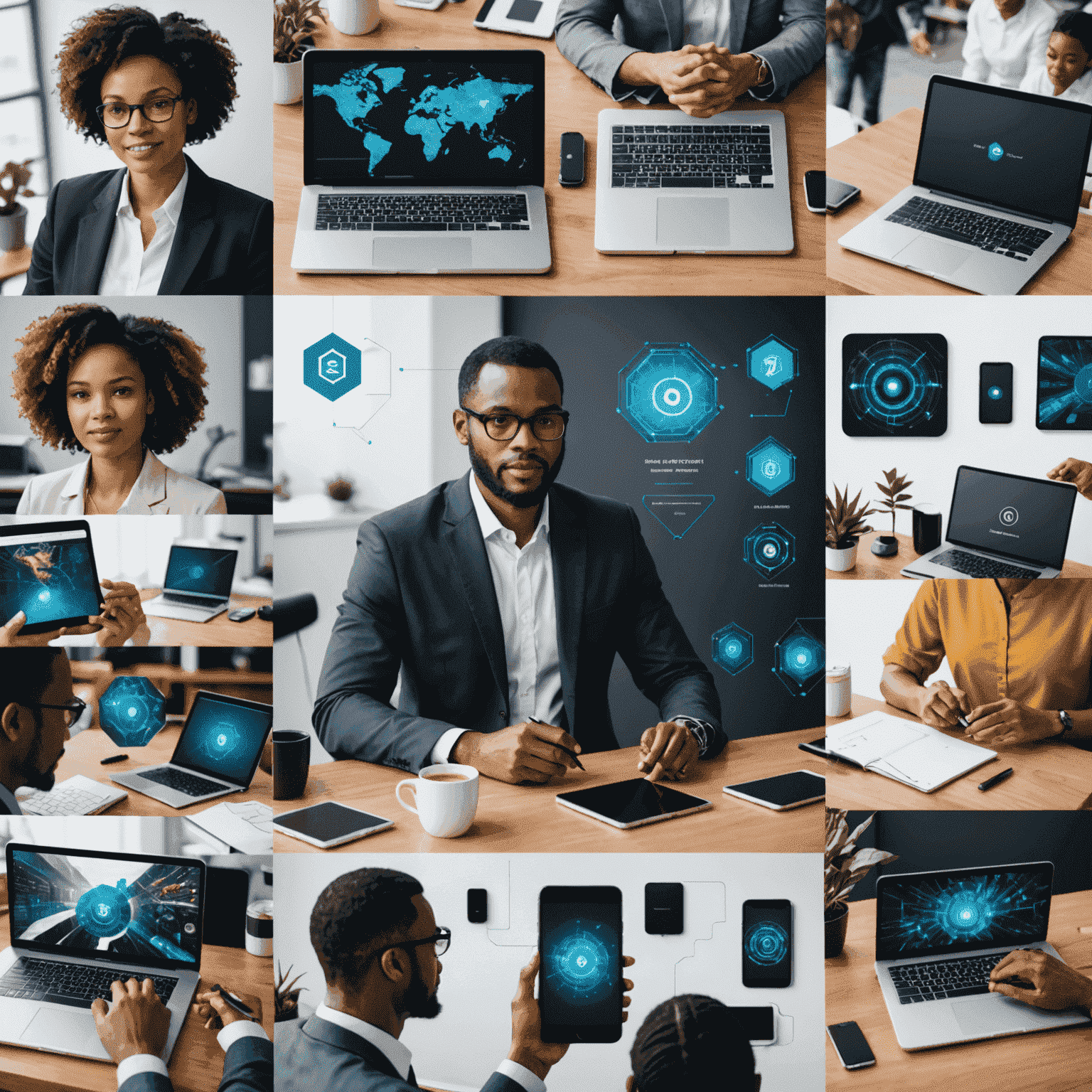 Collage of modern technologies like AI, blockchain, and smart devices being used by diverse South African professionals