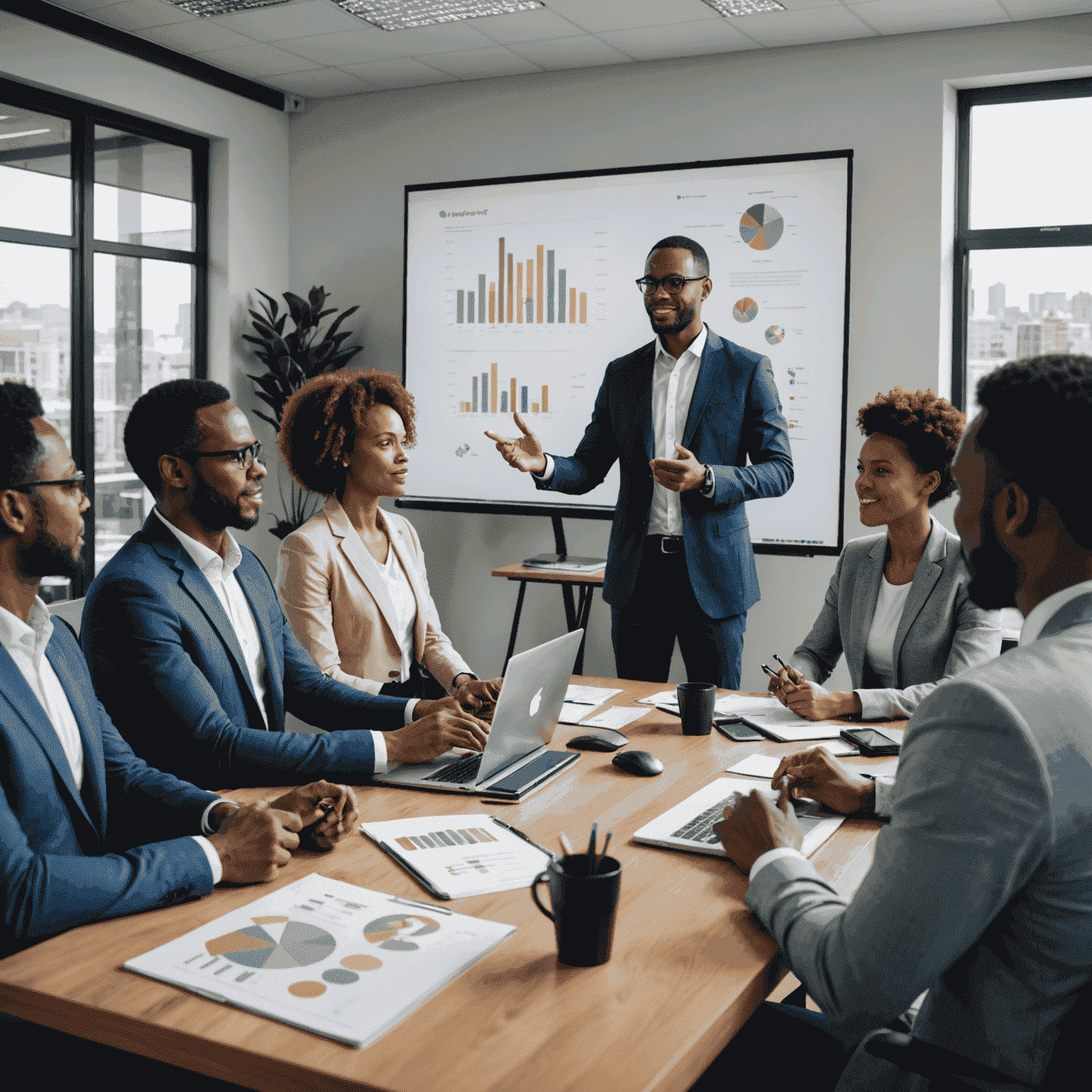 A business consultant presenting growth strategies to a group of South African entrepreneurs, using modern technology and data visualizations in a sleek office setting