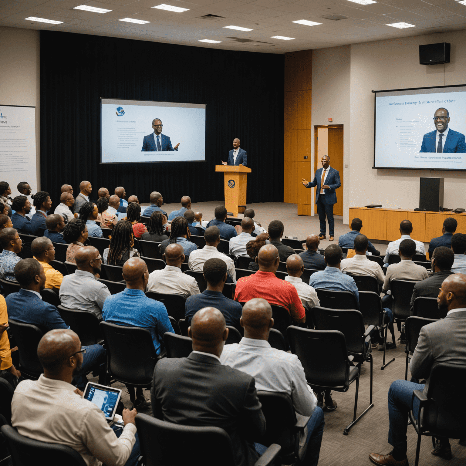 A motivational speaker engaging with a diverse South African audience in a modern seminar hall, with interactive displays showing personal development concepts
