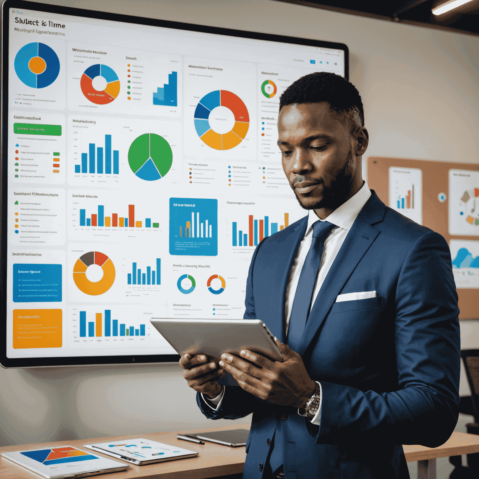 A South African professional using a tablet with resource management software, surrounded by infographics showing efficient allocation of time and assets